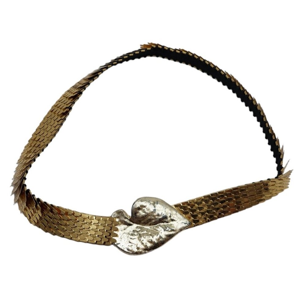 Gold tone Metal Accordion Belt.Gold tone Leaf Buckle Elastic Stretch Read 1980s